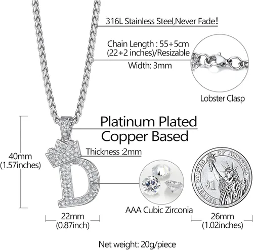 Miniatura 5 de Richsteel A-Z Crown Initial Necklace For Men Women 18K Gold Plated Shiny Cubic Zirconia Monogram Pendant with 22'' Chain+2'' (Extended) Fashion