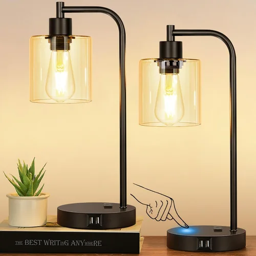 Miniatura 9 de Juego de 2 lámparas de mesa con control táctil industrial - Lámparas de mesita de noche en níquel cepillado con 2 puertos USB y enchufe de CA