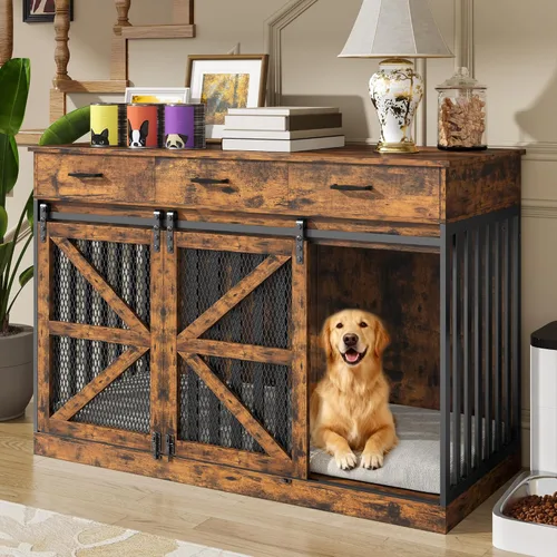 Miniatura 2 de kepptory Caja grande para perros de 48 pulgadas con 3 cajones de almacenamiento, perrera de madera con divisor removible, mesa auxiliar de perrera