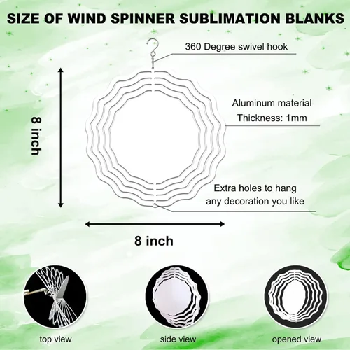 Miniatura 2 de Paquete de 10 unidades de molinillos de viento de sublimación de 8 pulgadas en blanco, escultura cinética de aluminio 3D a energía eólica, adorno