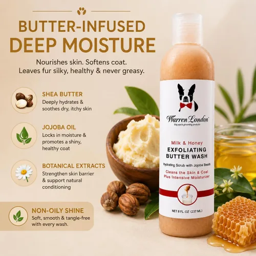 Miniatura 4 de Warren London Champú exfoliante para perros con mantequilla – leche y miel, 8 onzas Champú limpiador, acondicionador y exfoliante con cuentas