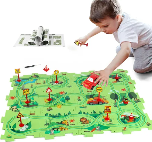 Miniatura 11 de Rompecabezas de Piso de Plástico para Niños con Coche de Juguete de Avión, Conjunto de Juego de Coches de Pista con Rompecabezas, Juguetes