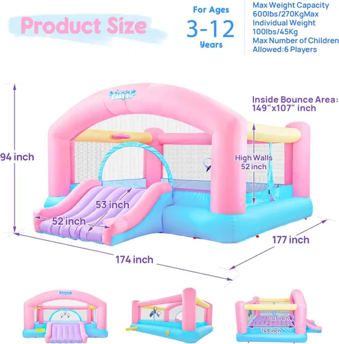 Miniatura 2 de Gran Casa de Rebote para Niños Grandes, Saltador Inflable con Tobogán de 14.8 x 14.5 Pies con Soplador de 650W, Aro de Baloncesto, Juego de Lanzar