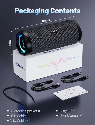 Miniatura 9 de RIENOK - Bocina Bluetooth 5.3 portátil de 30W, emparejamiento dual, sonido estéreo inalámbrico HD, impermeable IPX7, bocina inalámbrica deportiva
