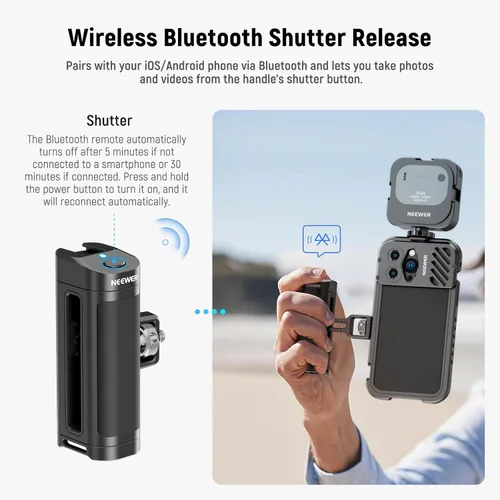 Miniatura 4 de NEEWER - Empuñadura lateral con botón de control remoto inalámbrico y disparador de obturador para jaula de video de smartphone, 2 adaptadores