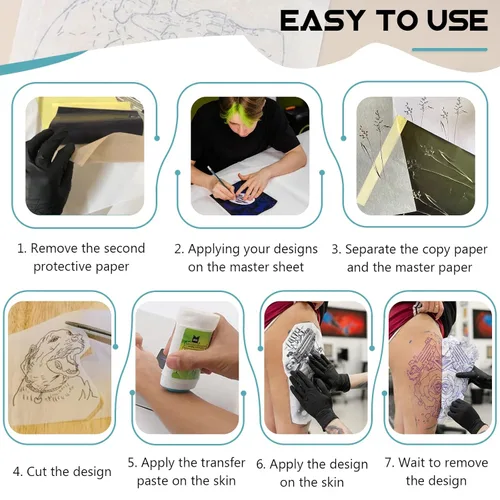 Miniatura 6 de Piel de tatuaje con papel de transferencia, kit de 40 piezas de piel falsa y papel de plantilla, incluye 20 piezas de piel de práctica de doble cara