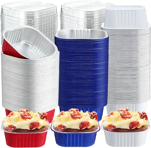 Miniatura 19 de Aoriher 150 piezas de moldes mini para pasteles de 10 onzas con tapas, tazas de horneado de papel de aluminio cuadradas desechables de 4" x 4