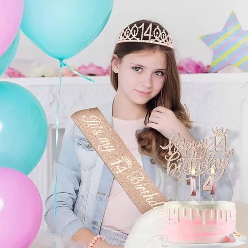 Miniatura 2 de Decoraciones de cumpleaños de 14 años para niñas, que incluyen banda de cumpleaños y tiara, velas y adorno para pastel, regalos de decoración