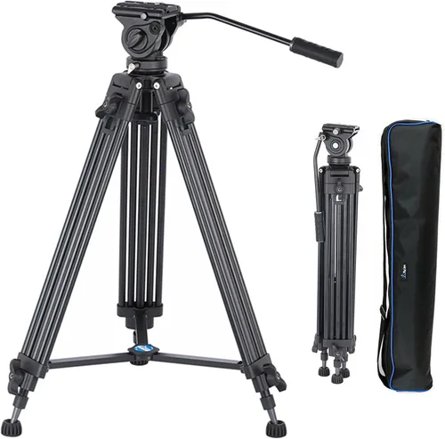 Miniatura 9 de Trípode de video profesional de aluminio resistente de 62 pulgadas/62.2 in, trípode de video de tubo doble, cabezal fluido de 360 grados, esparcidor