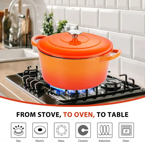 Miniatura 5 de E-far - Horno holandés de 6 cuartos de galón, esmaltado de hierro fundido con tapa, olla de cocina redonda antiadherente para Naranja