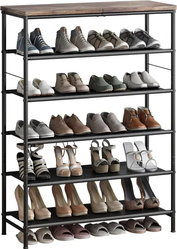 Miniatura 8 de INGIORDAR Organizador de zapatero de 4 niveles, estante organizador de metal con tablero MDF industrial y tela en capas para entrada, armario, Negro
