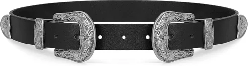 WHIPPY Cinturón de cuero occidental vintage para mujer, doble hebilla retro, cinturones de cintura para jeans, pantalones y vestidos, color negro