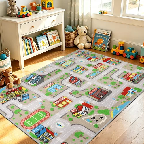 Miniatura 19 de Capslpad Alfombra Azul de Coche y Carretera para Niños, Alfombra de Juego para Sala de Juegos, Alfombra Antideslizante Lavable con Mapa de la Ciudad