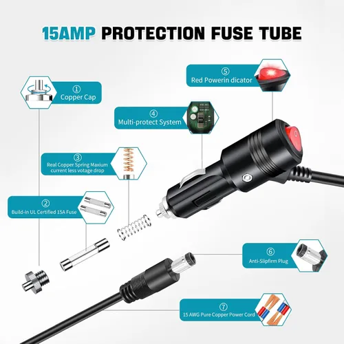 Miniatura 3 de Enchufe de encendedor de cigarrillos de 12 V con encendido y apagado, conector adaptador de enchufe macho resistente de 12 voltios de 15 A, 6 pies
