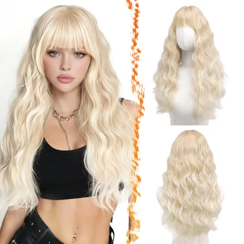 Miniatura 37 de BARSDAR Peluca rubia corta ondulada con flequillo, pelucas cortas onduladas de 14 pulgadas para mujer, pelucas sintéticas suaves hasta el hombro