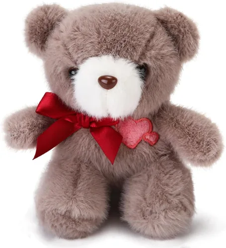 Oso de peluche de 11.9 cm con corazón y corbata de lazo bordada, oso de peluche rosa en forma de corazón para novia, novio (marrón)