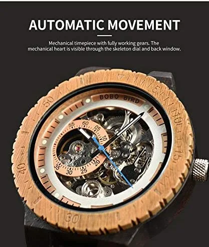 Miniatura 5 de BOBO BIRD Reloj mecánico automático de madera para hombre, personalizable, reloj de pulsera de madera de lujo para hombre