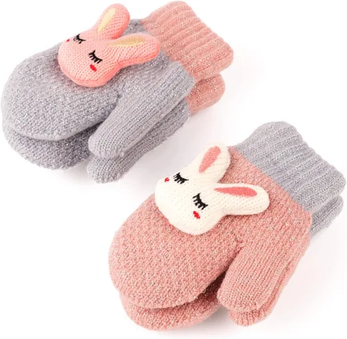 Miniatura 2 de Flammi - 2 pares de mitones para bebés, niños y niñas, forro de sherpa de invierno, guantes de punto cálido, guantes de dibujos animados para niños