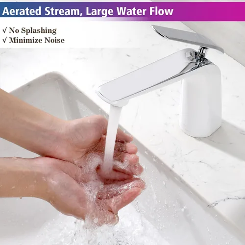 Miniatura 3 de TOCALOCA Grifo de lavabo de baño cromado blanco y pulido, grifo mezclador de agua fría y caliente, grifo de lavabo de una sola palanca Blanco