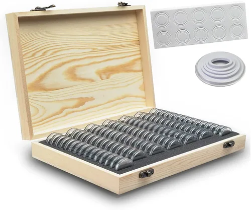 Miniatura 7 de Soporte para cápsulas de monedas de madera, caja de almacenamiento de monedas con junta de espuma para suministros de colección de monedas