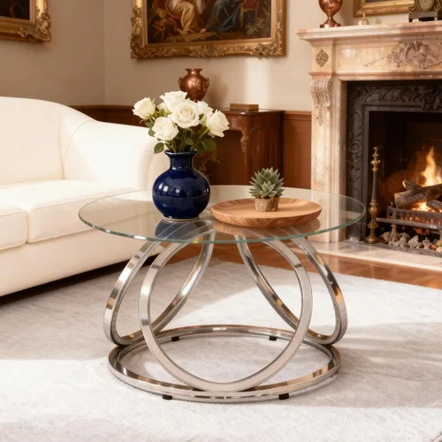 Miniatura 6 de Mesa de café plateada O&K FURNITURE, mesa de café moderna de cristal para sala de estar con marcos en forma de anillo, mesa de café de cristal