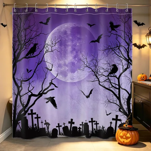 Miniatura 14 de Cortina de ducha de Halloween, cuervo negro, murciélago y árbol muerto en un bosque brumoso espeluznante con ganchos, cortina de baño de noche