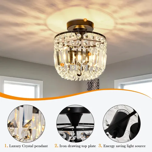 Miniatura 3 de YYJLX Lámpara de araña pequeña de cristal con 2 luces, moderna lámpara de techo semiempotrada para pasillo, cocina, vestíbulo (negro)