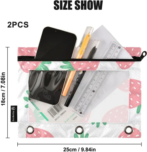 Miniatura 3 de Estuche para lápices de fresas rosas para carpetas de 3 anillas, estuche para lápices, bolsa de maquillaje con ventana transparente para almacenar