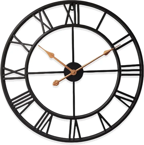 Miniatura 10 de Reloj de pared grande de 20 pulgadas para decoración del hogar para sala de estar, relojes de arte de hierro sin tictac, números romanos, metal Negro