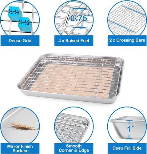 Miniatura 3 de P&P CHEF Bandeja para horno tostador de 9 x 7 x 1 pulgadas con rejilla y alfombrilla de silicona, bandeja para horno tostador de acero inoxidable