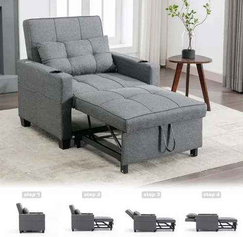 Miniatura 6 de Silla cama cama convertible ajustable con almohada, silla extraíble con puertos USB, antiarañazos, para sala de estar, dormitorio, apartamento, Lino