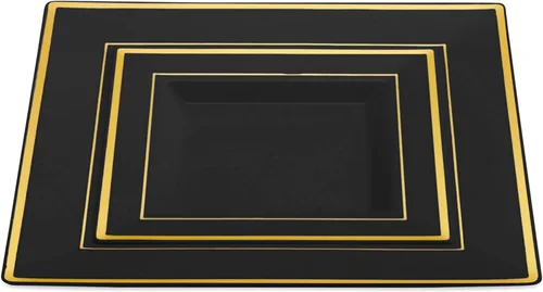 Miniatura 9 de BloominGoods 100 platos cuadrados desechables de plástico negro, paquete de 100 platos cuadrados de plástico de 6.5 y 10 pulgadas con borde dorado