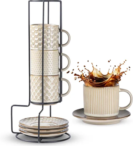 Miniatura 34 de GBhome Tazas de café apilables de 6 onzas, tazas de café de cerámica con patrones de textura para hombre, mujer, papá, mamá, juego de 4 tazas