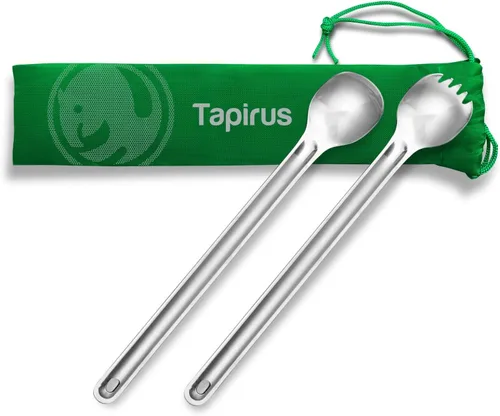 Tapirus - Juego de tenedor y cuchara de 9.4 pulgadas de largo - Tenedor y cuchara de mochilero de mango largo - Utensilios de campamento de acero