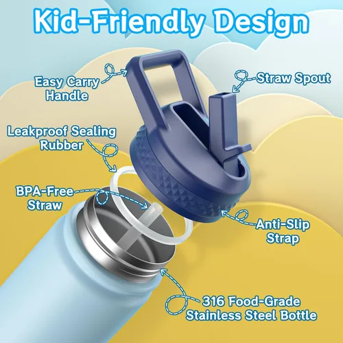 Miniatura 3 de baab Botella de agua para niños de 18 onzas, botella de agua aislada con popote y calcomanías, taza con popote de agua para niños de acero