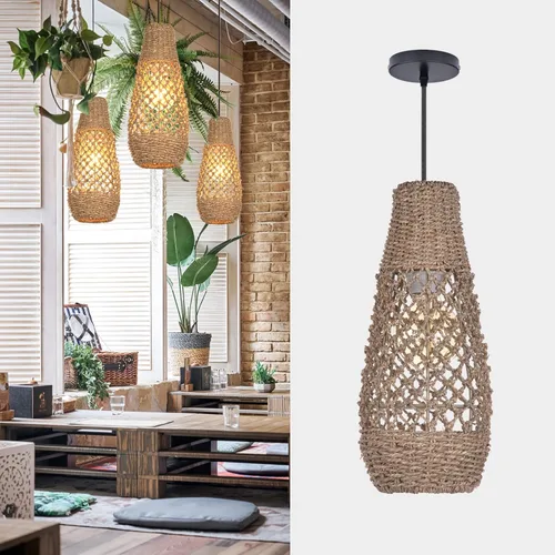 Arturesthome 1 lámpara colgante de ratán bohemio, mini lámpara colgante de araña natural de granja, lámpara colgante de mimbre retro para isla de