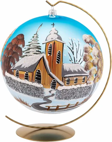 Adorno navideño de capilla azul con soporte, bola de vidrio soplado polaco pintada a mano, bola extra grande de 8 pulgadas/200mm, adorno de fe eterna