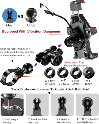 Miniatura 4 de BRCOVAN Soporte de teléfono para motocicleta de aleación de aluminio con cargador inalámbrico Qi de 15 W y amortiguador de vibraciones, soporte