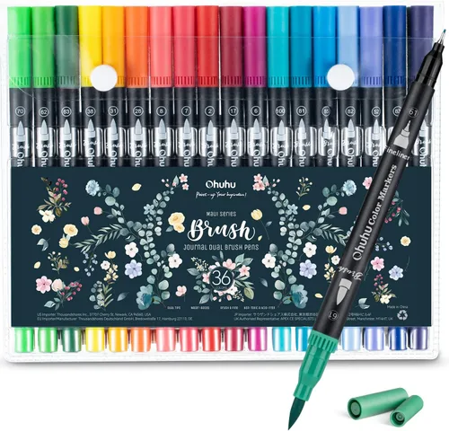 Ohuhu Marcadores para colorear para adultos, sin sangrado, 36 colores, marcadores de colorear, a base de agua, doble punta fina y pincel, bolígrafos