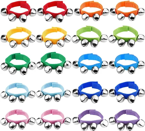 Augshy 20 paquetes de campanas de muñeca de Navidad: 10 colores, recuerdos de escuela y fiesta de música en el aula
