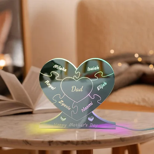 Miniatura 6 de Rompecabezas de nombre de familia personalizado, luz LED, espejo de corazón, espejo de dormitorio, espejo acrílico personalizado de 1 a 12 nombres