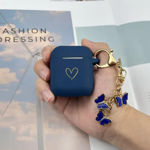 Miniatura 6 de Funda compatible con AirPods, funda de silicona suave con patrón de corazón dorado para AirPods de 2 y 1 generación con bonito llavero de mariposa