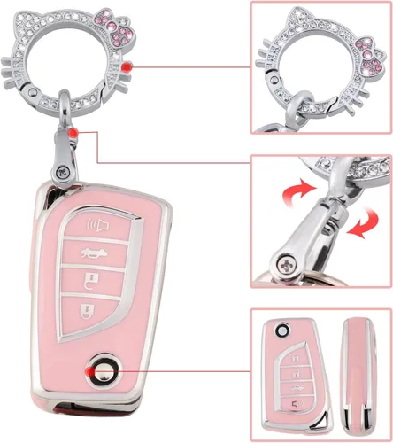 Miniatura 4 de Pangpai Funda de llavero rosa para Toyota, funda de TPU suave con llavero brillante para Toyota Fortuner Tundra Camry RAV4 Highlander Corolla Smart