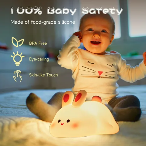 Miniatura 2 de Luz Nocturna de Conejo de Cara Grande, Adorable Lámpara Nocturna LED de Conejito, Luz Nocturna de Guardería de Silicona Regulable para Niñas, Luces