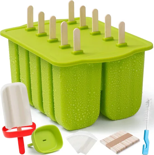 MEETRUE - Moldes grandes de silicona para paletas con soportes para paletas/atrapador de goteo, de silicona sin BPA, con 50 palitos de paletas Verde