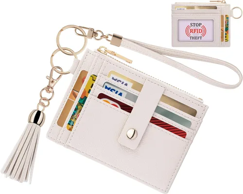Miniatura 9 de Estuche Delgado para Tarjetas RFID para Mujer con Correa de Muñeca, Cartera con Cremallera para ID, Cartera de Cuero Pequeña, Monedero con Llavero