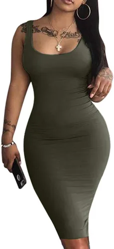 LAGSHIAN - Vestido bodycon sin mangas, sexy, sin mangas, vestido básico por debajo de la rodilla para club
