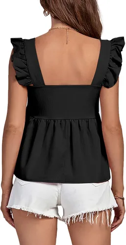 Miniatura 2 de LYANER Blusa sin mangas con volantes y cuello cuadrado para mujer