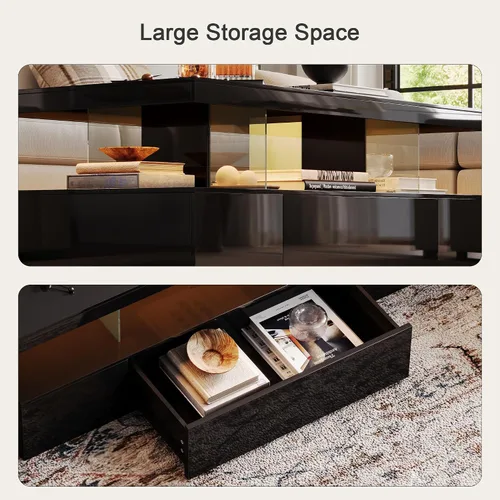 Miniatura 6 de ChooChoo Mesa de centro LED moderna, mesa central de alto brillo con cajón, mesa de centro negra con almacenamiento para sala de estar, dormitorio