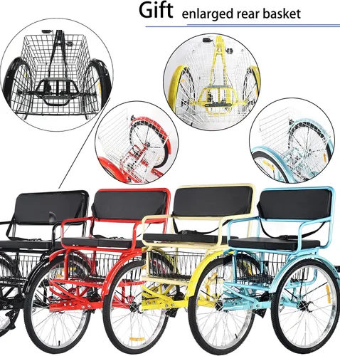 Miniatura 4 de Triciclo para adultos de 7 velocidades, bicicletas de 3 ruedas con asiento trasero, triciclo para adultos de 20/24 pulgadas, ruedas bajas con cesta